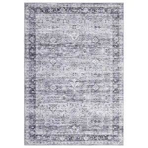 5x7 ft Polyester Fiber Rectangular Shape Area Rug, Persian Look with Flower Print, Blue Gray Imitation Cashmere, Foldable Washable Surface for Hallway, Bathroom Entryway