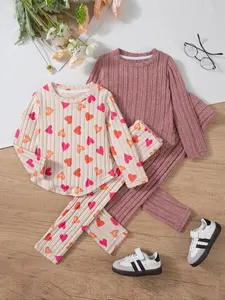 Girls' Long Sleeve Sweatpants Set, Heart Print Knit Casual Spring & Fall, Sweet Cute Round Neck Fitted Design