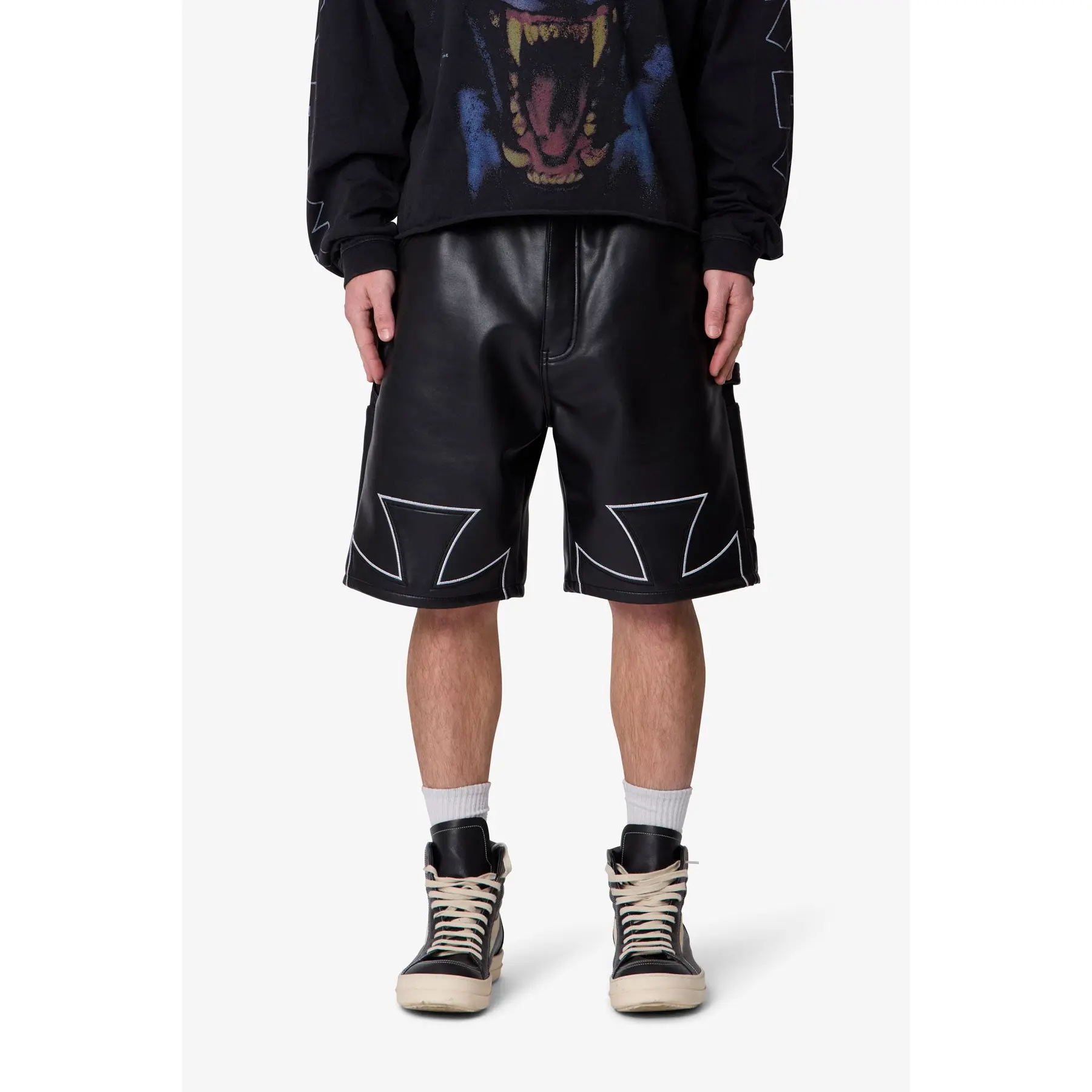 mnml Baggy Iron Cross Leather Shorts - Black