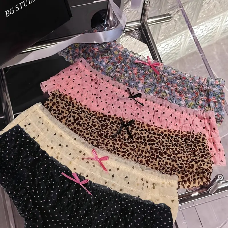 5pcs, Cake Lace Leopard Print Floral Sexy Women's Underwear, Mesh Breathable Triangle Underwear, Pink Colorful Underwear