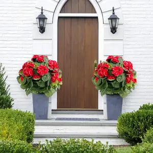 2-Pack 21in Lifelike Artificial Faux Begonia Ball Topiary Trees - PE Material Leaves, Ground Spikes, Silk Flower Plants for Outdoor Garden Patio & Indoor Home Decoration Gift Set (Red)