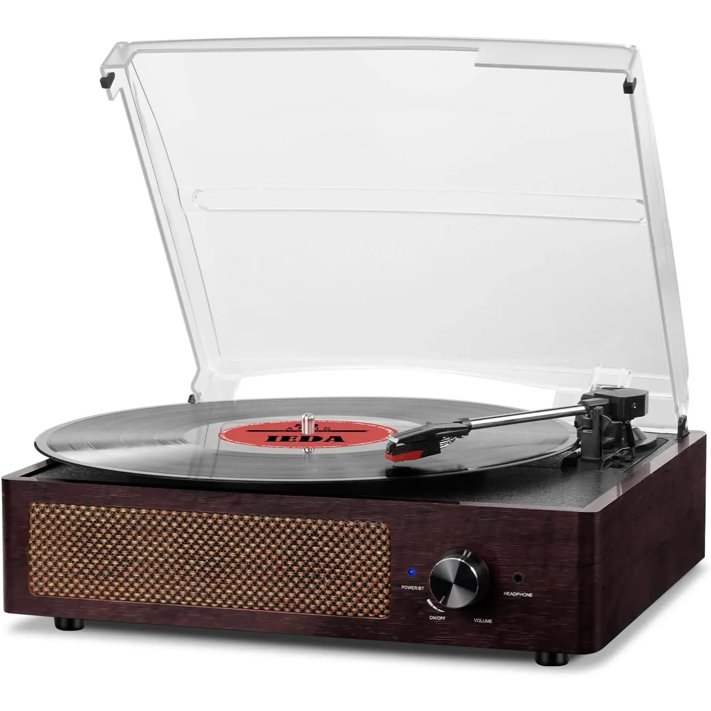 Retro 3-Speed Bluetooth Turntable with Stereo Audio Speakers, Vinyl Record Compatibility, RCA Line Out, Auxiliary In, 3.5mm Headphone Jack (Brown)