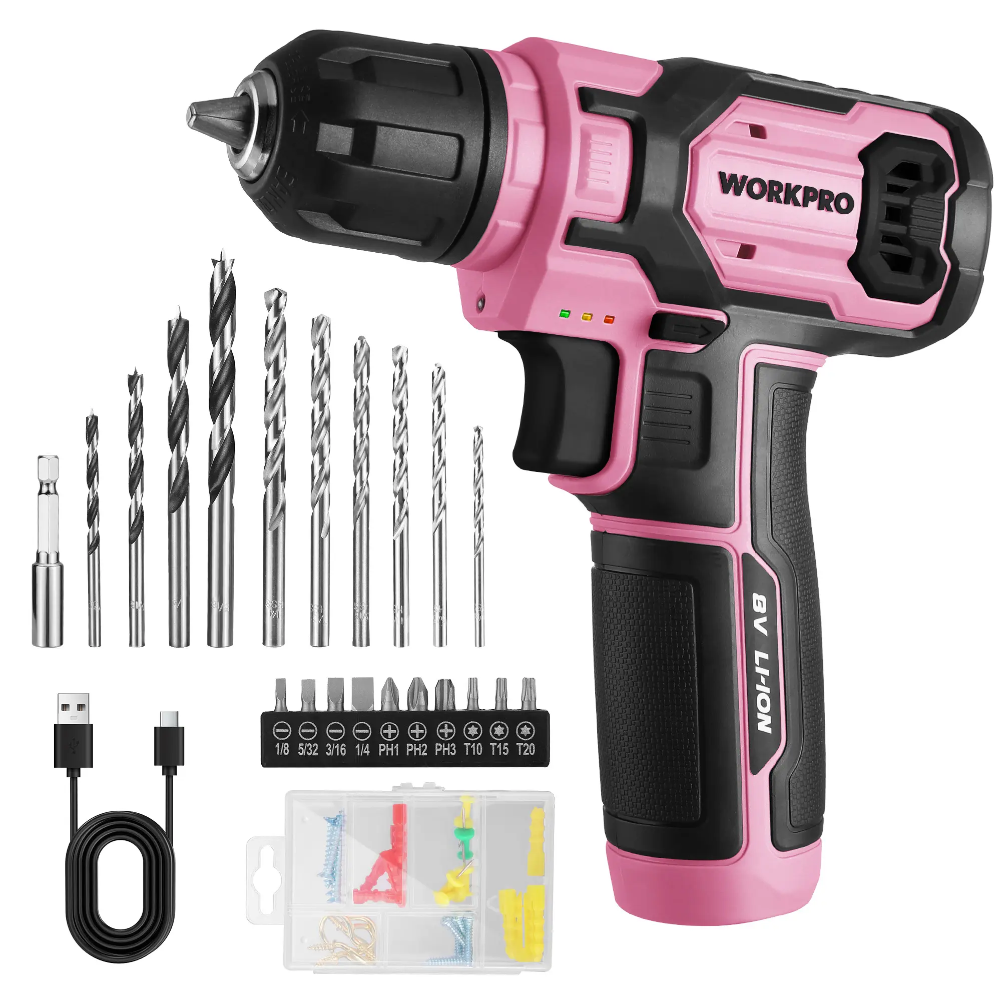 WORKPRO Pink Cordless Drill Set, 8V Impact Drill Driver with Bit Set, 2.0Ah Electric Power Drill Kit with 3/8" Keyless Chuck and Variable Speed Trigger, Portable for DIY- Pink Ribbon