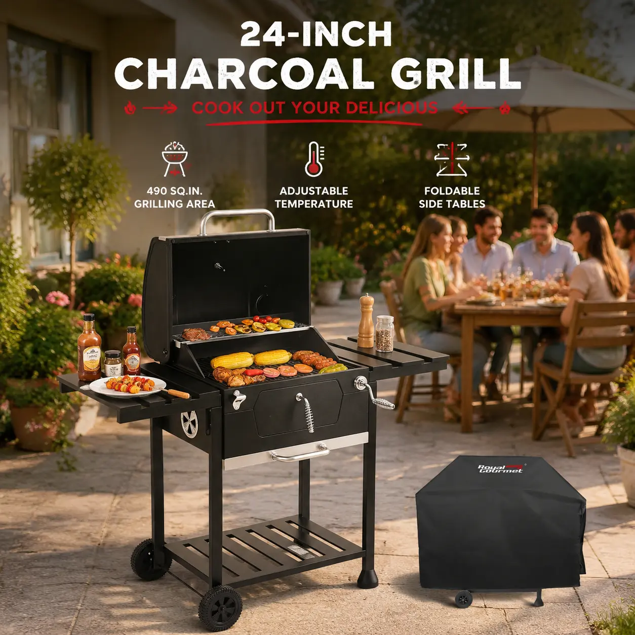 Royal Gourmet CD1824EC 24-Inch Charcoal Grill with Foldable Side Tables & Cover, 490 Sq. In. Outdoor BBQ Grill, Adjustable Charcoal Pan, Temperature Control, Rolling Grill for Backyard, Patio & Outdoor Cooking, Black