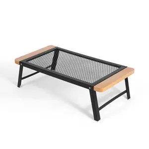 Outdoor camping folding table, portable solid wood roll-top mesh picnic table and chair set, simple heat-resistant mesh table