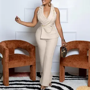 Women's suit collar chain casual wide leg African jumpsuit women's work uniform