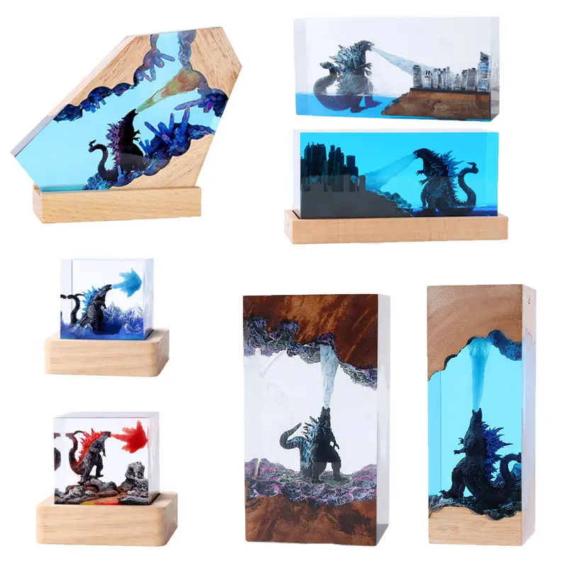 Godzilla Resin Lamp with Atomic Breath, Handmade Epoxy Resin LED Night Light, 3D Monster Diorama Desk Lamp with Wood Base, Gaming Room Decor Ornament, Collectible Figurine for Godzilla Fans Gamer Boys Bedroom Office Gift Atmosphere Light
