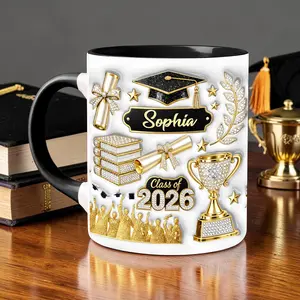Custom 2D Flat Graduation Mug Class of 2026 2D Printed 3D Effect Custom Name Coffee Cup Durable Ceramic Drinkware for College, High School Graduates Daily Use Congrats Keepsake Gift for Her, Him Birthday, Christmas Thoughtful Gift Idea