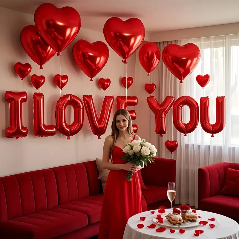 17-piece set of red heart-shaped balloons with "I Love You" lettering, suitable for Valentine's Day, bridal showers, marriage proposals, wedding party decorations, Halloween decorations, and Christmas decorations.
