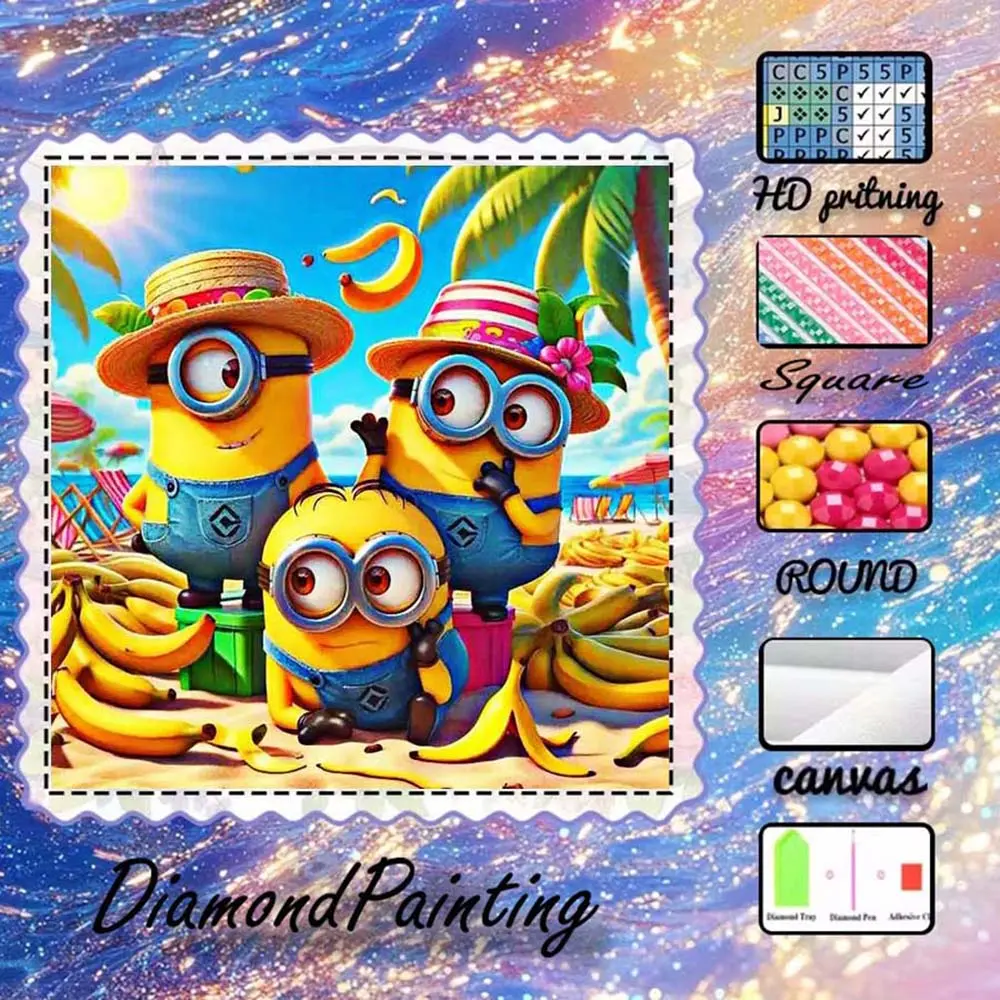 DIY 5D Flocking Diamond Painting Kit, AB Drills, Fairy Dust Drills, Crystal Drills, Minions, Banana, Beach, Diamond Embroidery, Special Craft Art Kits, Wall Decor, Gift for Family, Lover, Friends, Handmade Gifts