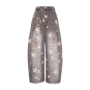 TCH - Military Green Curved Knife Wide Leg Jeans, Hot Diamond American Street with Velvet for Women