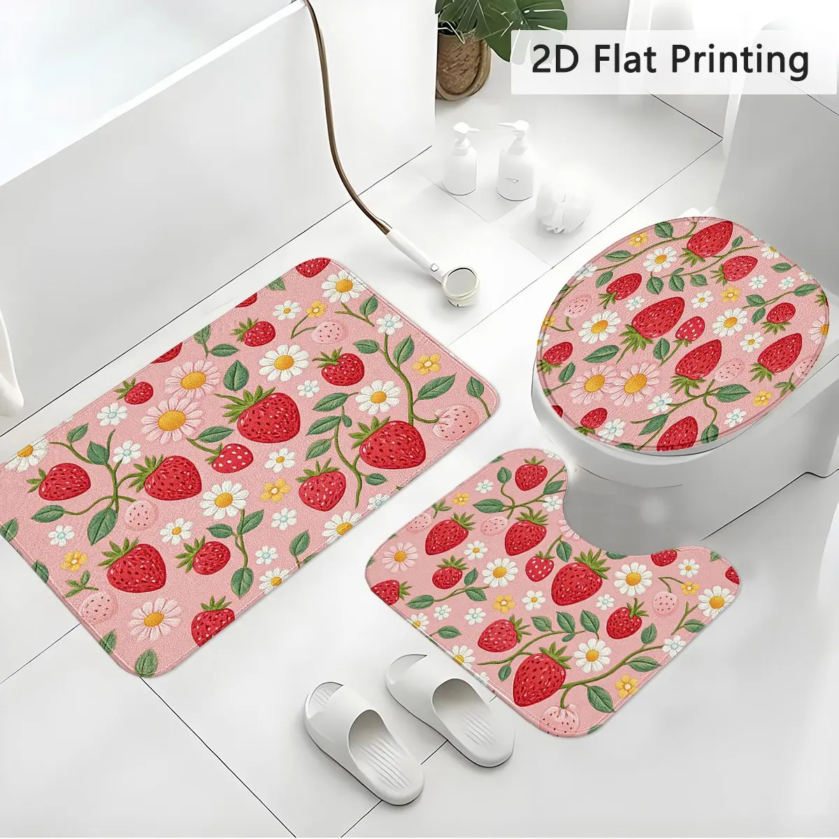 3-Piece Sweet Strawberry Daisy Print Bath Mat Set, Toilet Seat Cover + U-Shaped Pad + Floor Rug, Casual Bathroom Accessories