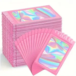100 Pcs Holographic Ziplock Bags, Colorful Iridescent Self-Sealing Pouches, Resealable Reusable Heavy Duty Storage Bags for Party Favors, Travel, Nail Art, Jewelry, Makeup Anti-Tarnish, Pink Clear Window