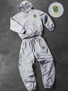 Men's Hooded Sweatshirt and Casual Long Pants Set, Brazil Logo Letter Print, Loose Fit Zipper Design, Comfortable Winter