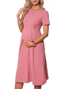 INSPIRE CHIC Women's Work Maternity Dress Business A Line Short Sleeve Front Pleated Pregnancy Dresses Semi Formal Office