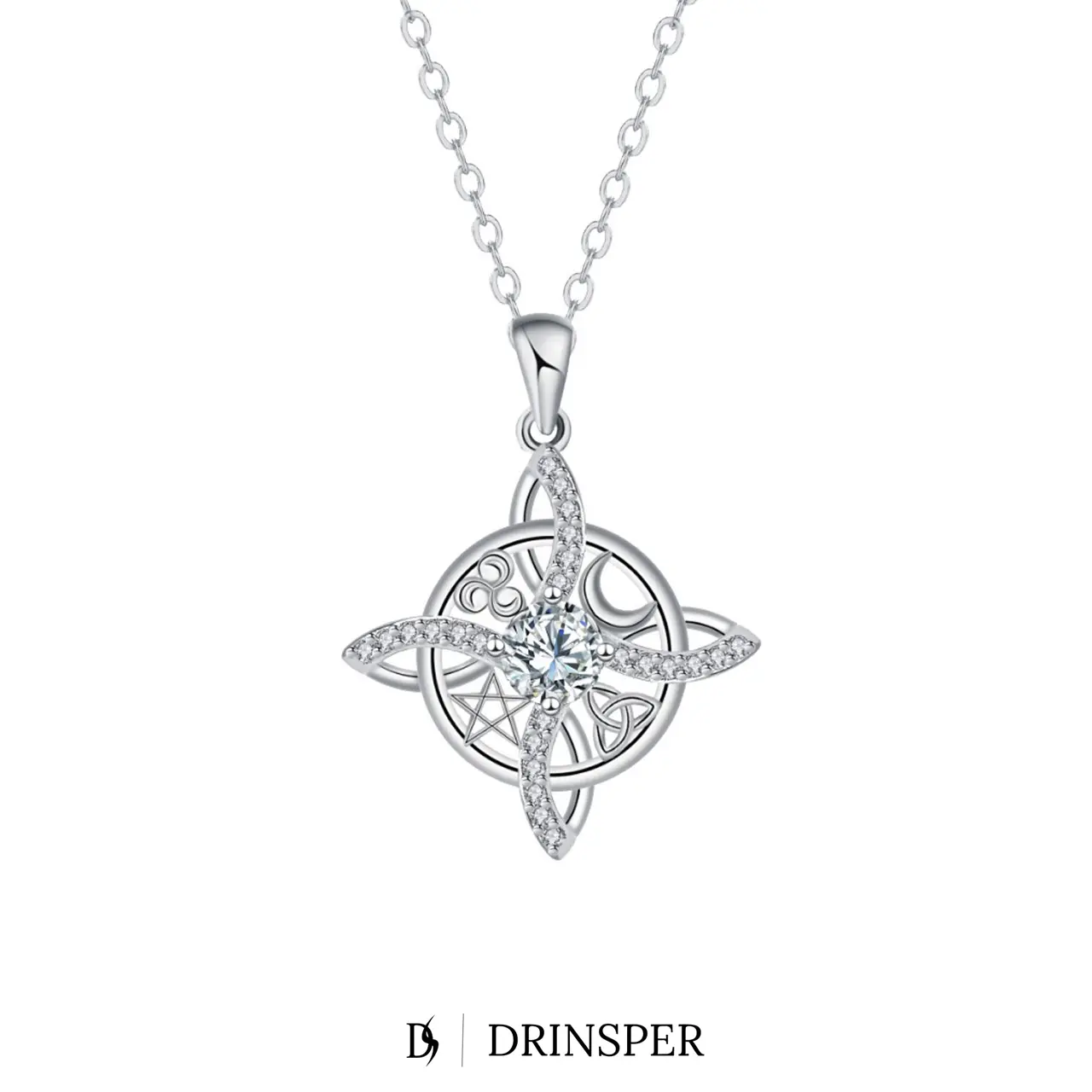 DRINSPER Witches Knot Crescent Moon Necklace for Women Boho Celtic Knot Pendant with Cubic Zirconia, Hecate Goddess Inspired Spiritual Protection Amulet, Witchy Jewelry Gift, Unique Boho Necklace for Women