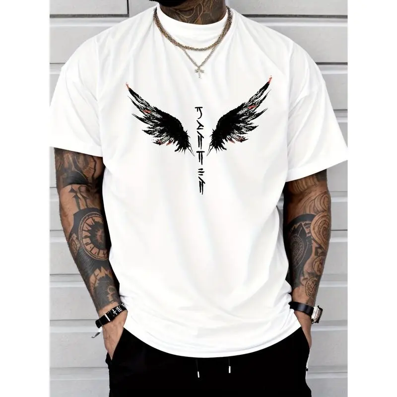 Men’s Angel Wings Graphic T-Shirt – Japanese Calligraphy Print Crew Neck Short Sleeve Tee, Black Streetwear Top, Lightweight 100% Cotton Casual Shirt for Gym, Workout & Everyday Wear