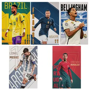 Messi Ronaldo Mbappe Neymar Bellingham Soccer Canvas Art Posters Set of 5 Unframed 8x12inch Gifts for Boys Living Room Bedroom Decor High-Res Waterproof Eco-Solvent Ink