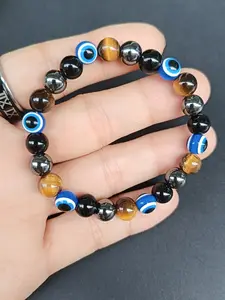 TikTok Viral Evil Eye & Black Obsidian Bracelet - Tiger‘s Eye Beaded Protection Bracelet for Men & Women, Negative Energy Blocking, Anxiety Relief Adjustable Handmade Jewelry, Beaded Bracelets, Gift for Halloween, Valentine‘s Day & Christmas