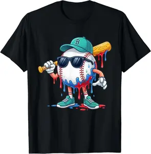 Baseball Drip for Boys Ice Cream Drip Baseball Sport Lover Youth Boys T-Shirt Cotton Fabric