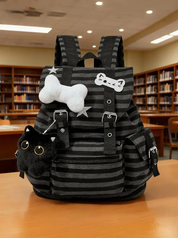 Punk Style Cat Paw Print Bone Star Colorblock Striped Multi Pocket Backpack Fashion Casual Unisex Large Capacity Bag Water Resistant Durable For Commuting School Travel Trendy Backpack