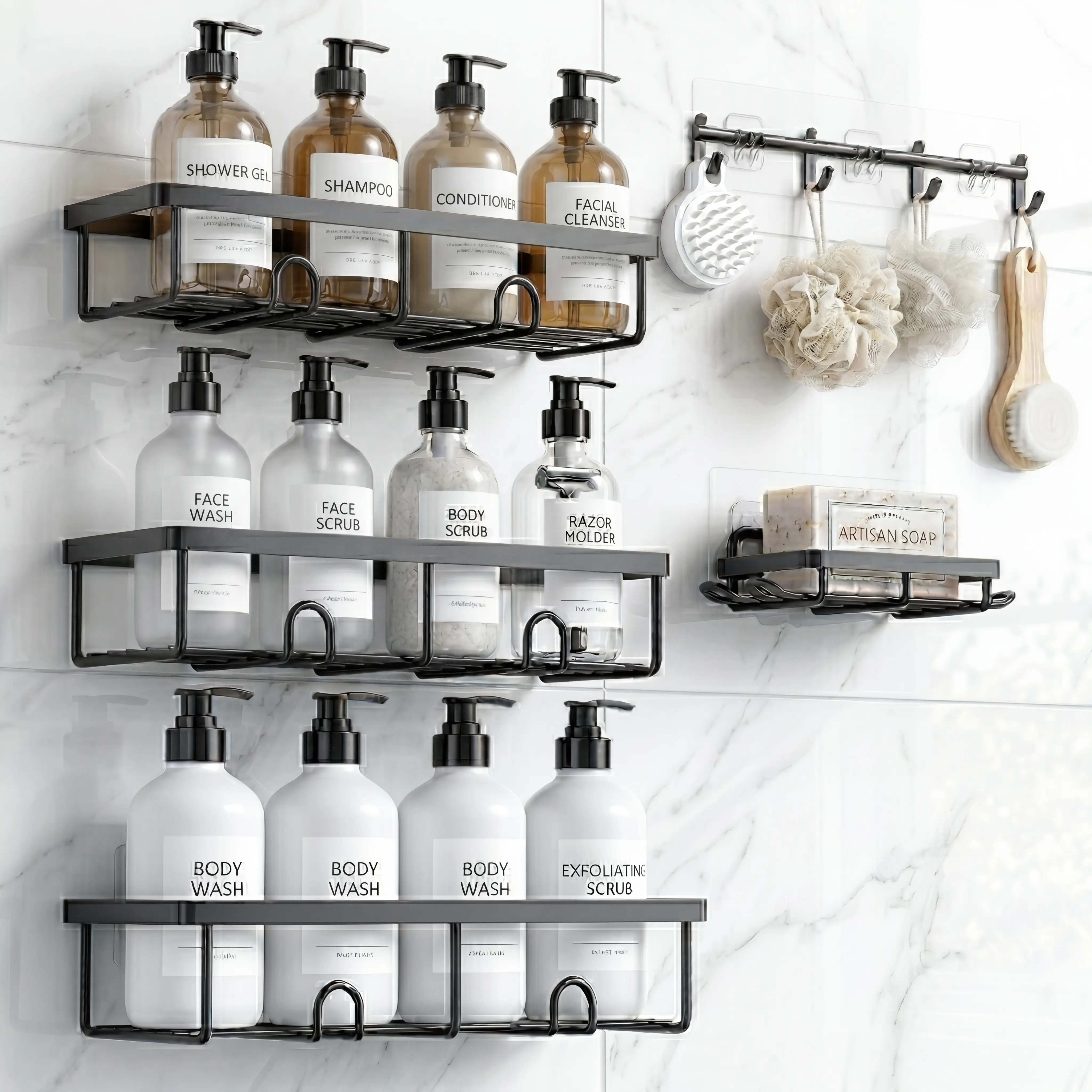 【mid year sale】Rustproof Black Shower Caddy Set bathroom towel Stainless Self-Adhesive Steel summerwins