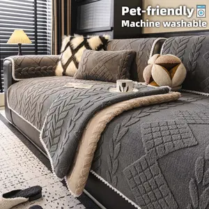 1 Pc Thick Plush Couch Slipcover for Dogs, Non-Slip Solid Color Sofa Cover, Pet-Friendly  & Machine Washable, Anti-Scratch Furniture Protector, Textured Leaf-Knit, Multi-Size 1/2/3/4-Seater & L-Shaped/Sectional/Loveseat/Recliner