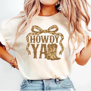 Top Womenswear Tshirt Crewneck Casual Streetwear Howdy Yall Bow & Boots Graphic Tee| T-shirt | Off White /Cream Color Shirt