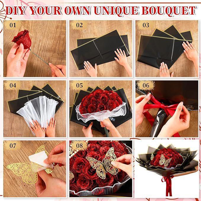 DIY Glitter Roses Bouquet, DIY Fake Glitter Flowers Bouquet, Shiny Artificial Roses Bouquet, Ornaments, Glitter Roses Everlasting Shiny Artificial Red/Pink/Black/Blue/Purple Rose Bouquet, Anniversary, Engagement, Wedding,Gifts for Women, 11/24/36 Roses