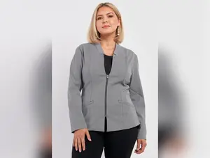 Plus Checkered Houndstooth Pattern Front Zipper Closure Jacket