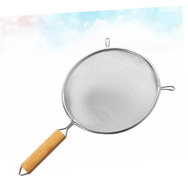 Single Pack 18 cm Stainless Steel Fine Mesh Colander with Wooden Handle & Dual Hanging Loops, Multi-Purpose Kitchen Strainer/Sieve for Baking, Cooking, Oil Filtering, Fruit Straining