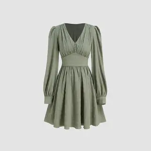 Cider [2 colors, size 0-26] V-neck Solid Texture Corset Ruffle Mini Dress