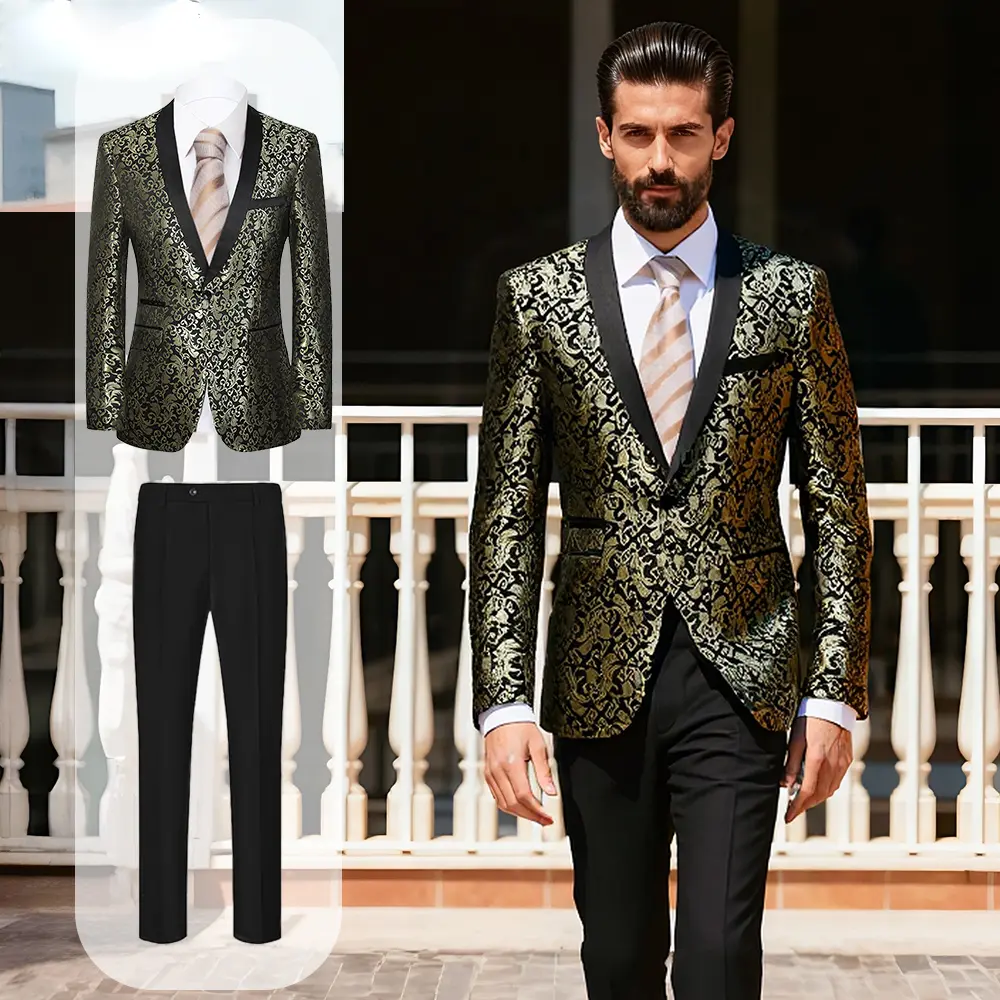Men's Gold Jacquard Shawl Lapel Tuxedo 2-Piece Suit, Formal Blazer & Trousers