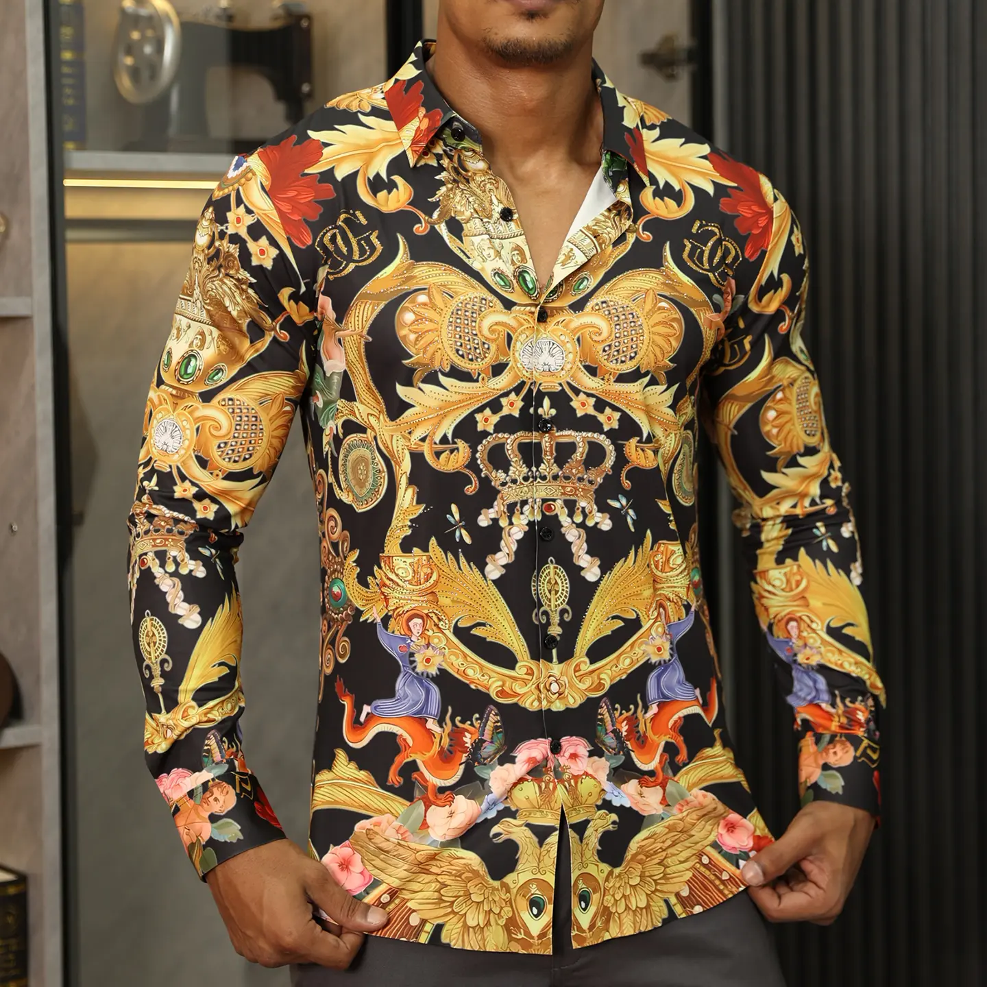 Men's Floral Print Button-Up Shirt mens rhinestone shirts Men's long-sleeved summer and autumn shirts for men's light luxury style prom shirts Menswear Top button shirt