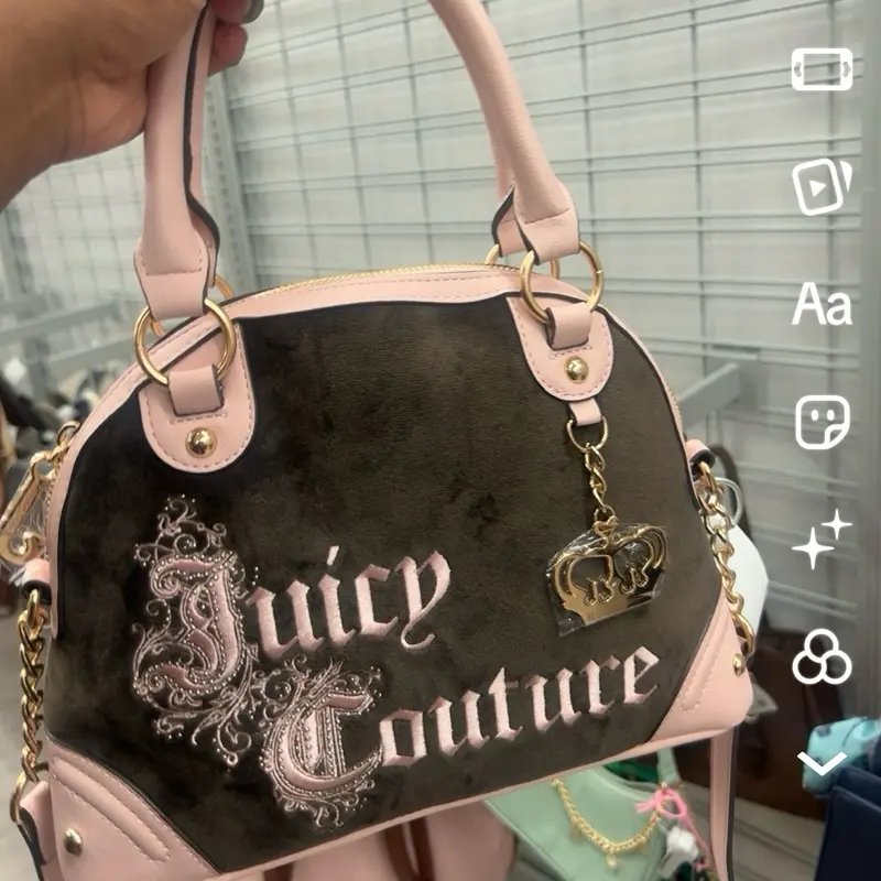 Juicy Couture Brown Velour Bowler Satchel Purse Pink Trim Crown Charm Y2K NWT