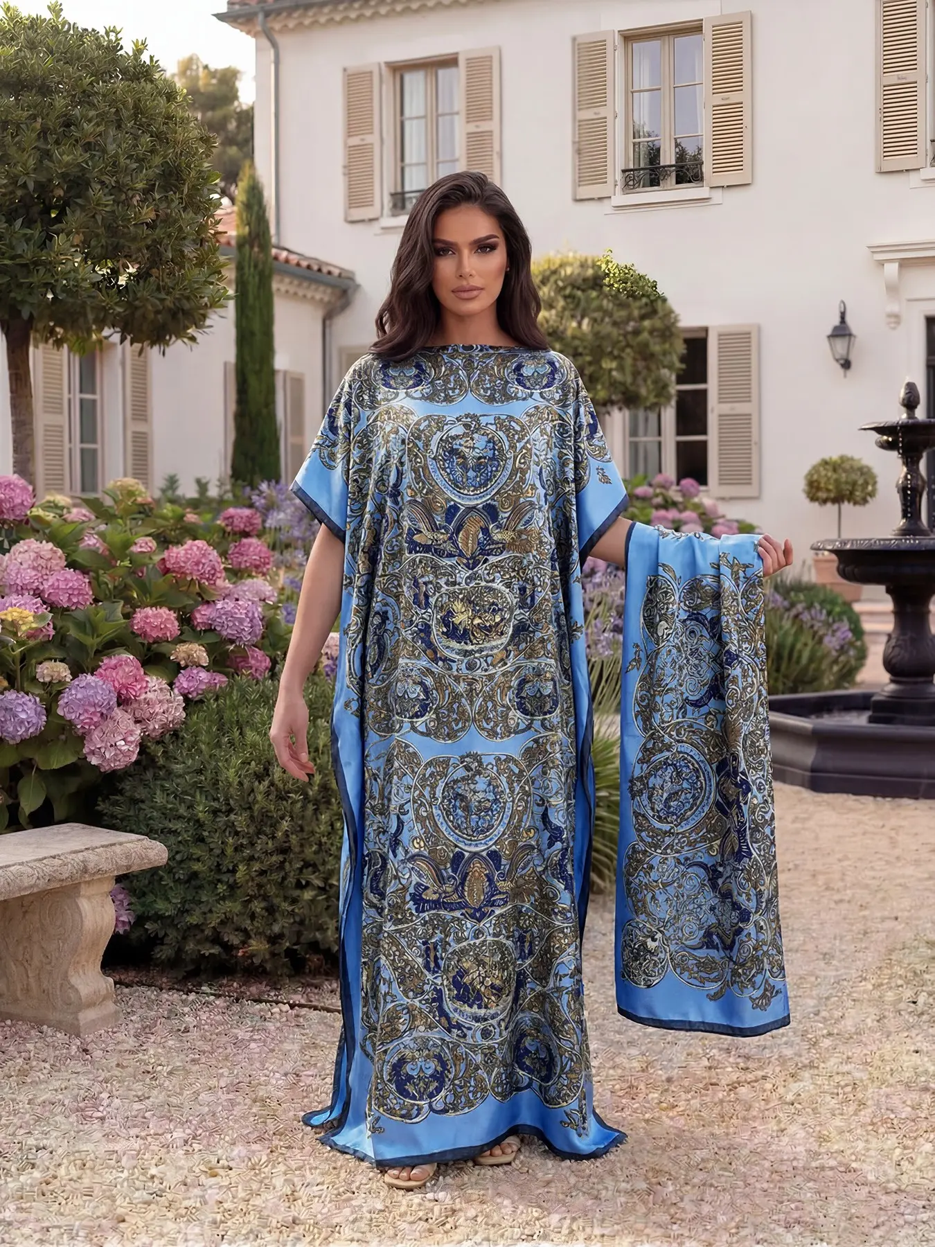 Elegant Baroque Print Robe Set, Moomoo Long Dress + Headscarf Hairband, Women's Beach Sun Protection Silk Scarf, Fashionable Summer, Chic, Womenswear, Outdoor