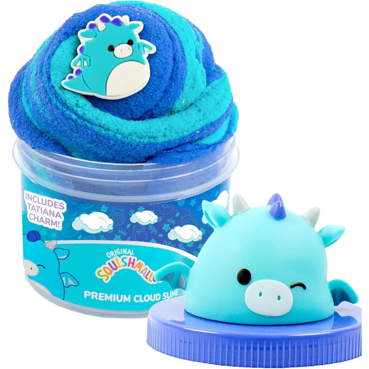 Original Squishmallows Tatiana The Dragon Premium Cloud Slime, Blue Raspberry-Scented, 8 oz. Storage Container with Figurine Topper, Rubber Charm, Goodie Bags, Kids Party Favors, Sensory Toys
