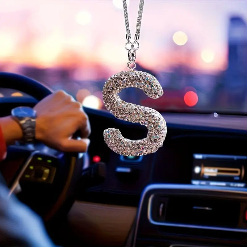 Rhinestone Letter Design Car Pendant, Sparkling Rhinestone Hanging Charm, Reflective Ornament, Car Ornaments, Durable Car Interior Accessories, Car Interior Decoration, Car Hanger Ornament, Bling Car Accessories