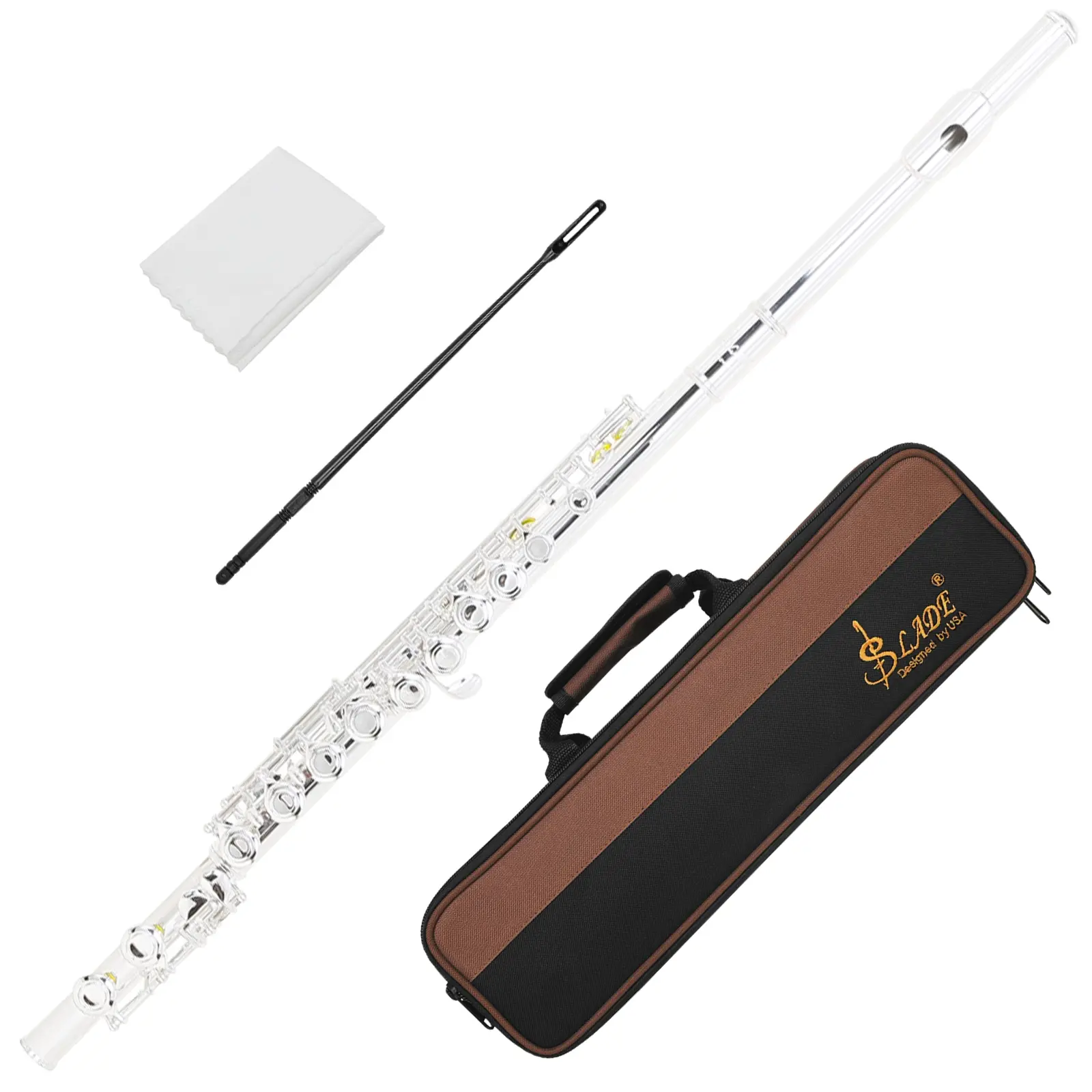 Slade 16-Hole Flute C Key Closed Hole Silver Plated Copper, E Key, Coffee Color Cloth Box Included, Woodwind Instrument