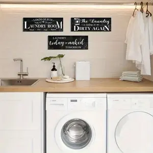 Wooden Laundry Room Cleaning Theme Hanging Sign, 3 Counts/set Wall Art with Double-sided Tape, Wall Decor for Home Bathroom Living Room Bedroom Office Rustic Design
