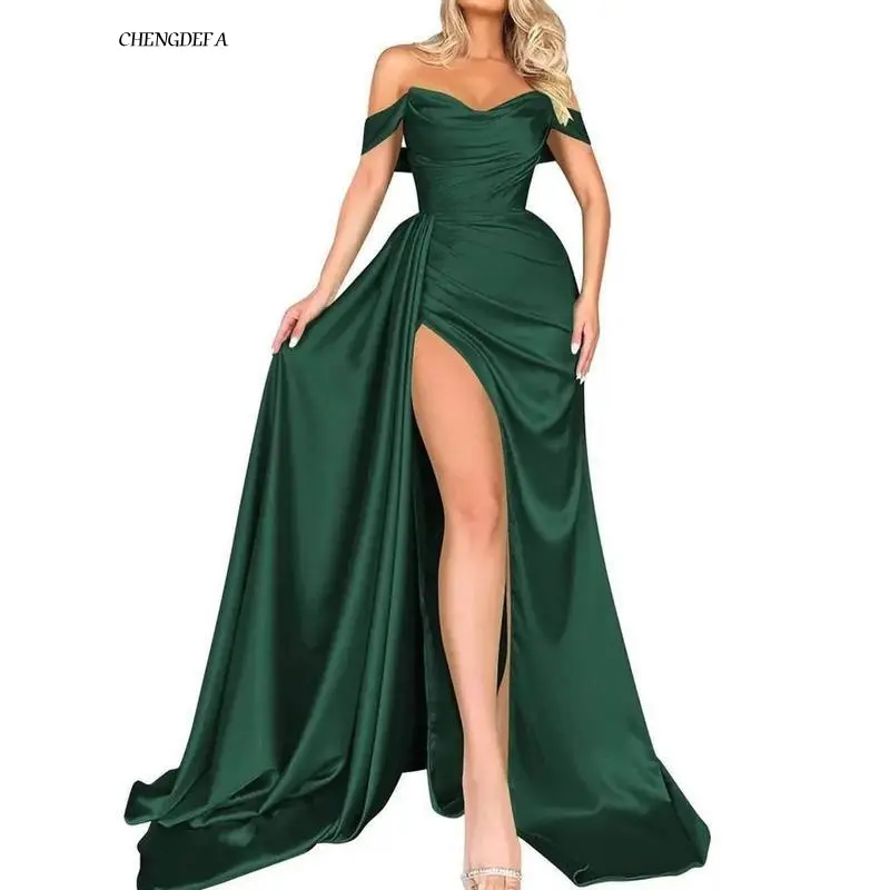 New(New) CHENGDEFA 2025 Women's Sleeveless Satin Strapless Slim-Fit High-Slit Gown - Elegant Comfortable Fabric Formal Cocktail Party Evening Dress for Sports & Outdoor Events