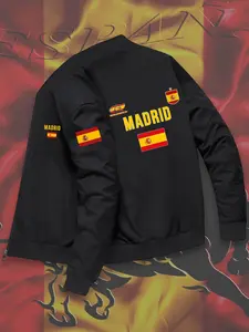 Men's Spanish Print Geometric Trendy Winter Jacket, High-End Casual Fitted Baseball Neck Zipper Coat, Perfect for Sports and Outdoor Activities