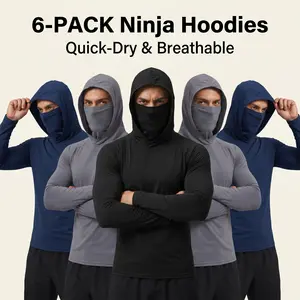【6-Pack】men's outdoor work sun protection clothing with sun-blocking hoodie, featuring built-in face mask and neck guard, breathable long-sleeve hoodie