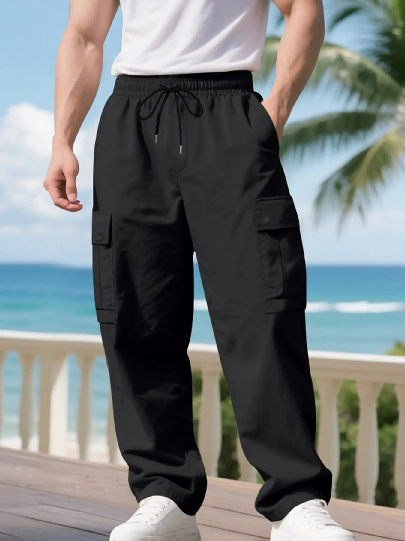 Men's Loose-Fit Plain Cargo Pants Trouser, Multi-Pocket Design, Casual Classic Straight Leg Workwear Style, Fall & Winter, Comfortable Fit, Fitted, Casual Fashion Pants