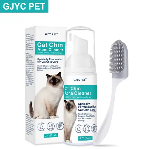 GJYC PET Cat Chin Acne Cleaner Mousse - No-Rinse Removal, Mild Sensitive Skin Formula, Reduces Oil Buildup, Towel-Wipe Finish, Debris-Lifting Brush Included, 2.03 fl oz (For Cats Over 3 Mo.)