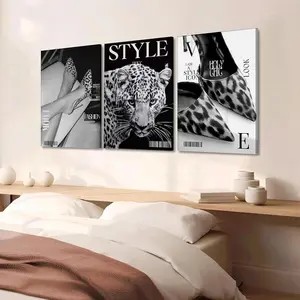 3pcs Frameless Leopard Print,Black and White Gallery Fashion Canvas Poster,Fashion Printing Decor,Office Aesthetics Girl Decor