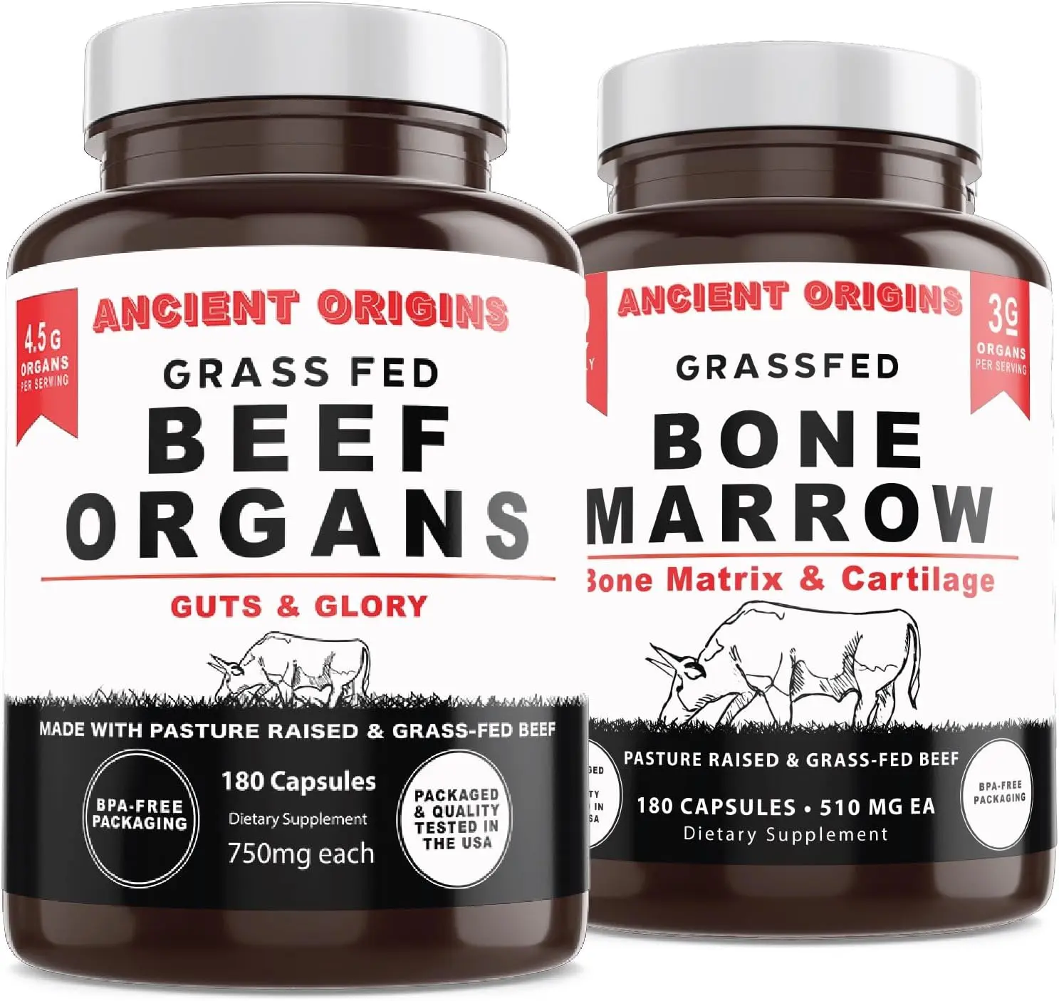 Grass-Fed Beef Organs & Bone Marrow 180 Capsules 750mg Each Natural Vitamin Mineral Supplement for Immune Health Energy Metabolism