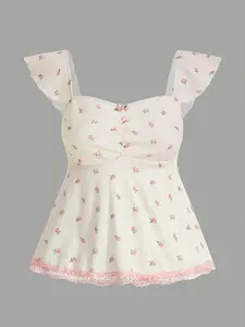 ROMWE Kawaii Babydoll Top for Women | Ditsy Floral Print, Ruched Bust & Lace Trim | Cute Y2K School Girl Aesthetic Outfit