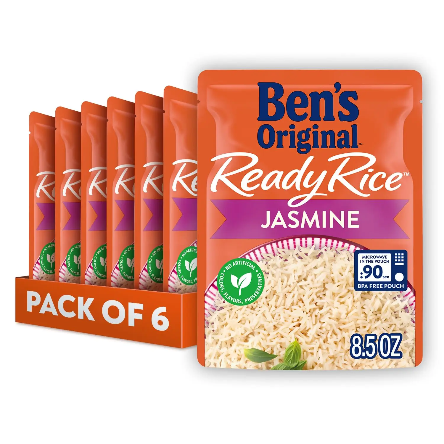 Authentic Thai Style Jasmine Rice, 6 BPA-Free Microwavable Pouches (8.5 oz Each), Cholesterol-Free Low-Fat Ambient Pantry Staple, Quick Meal Side