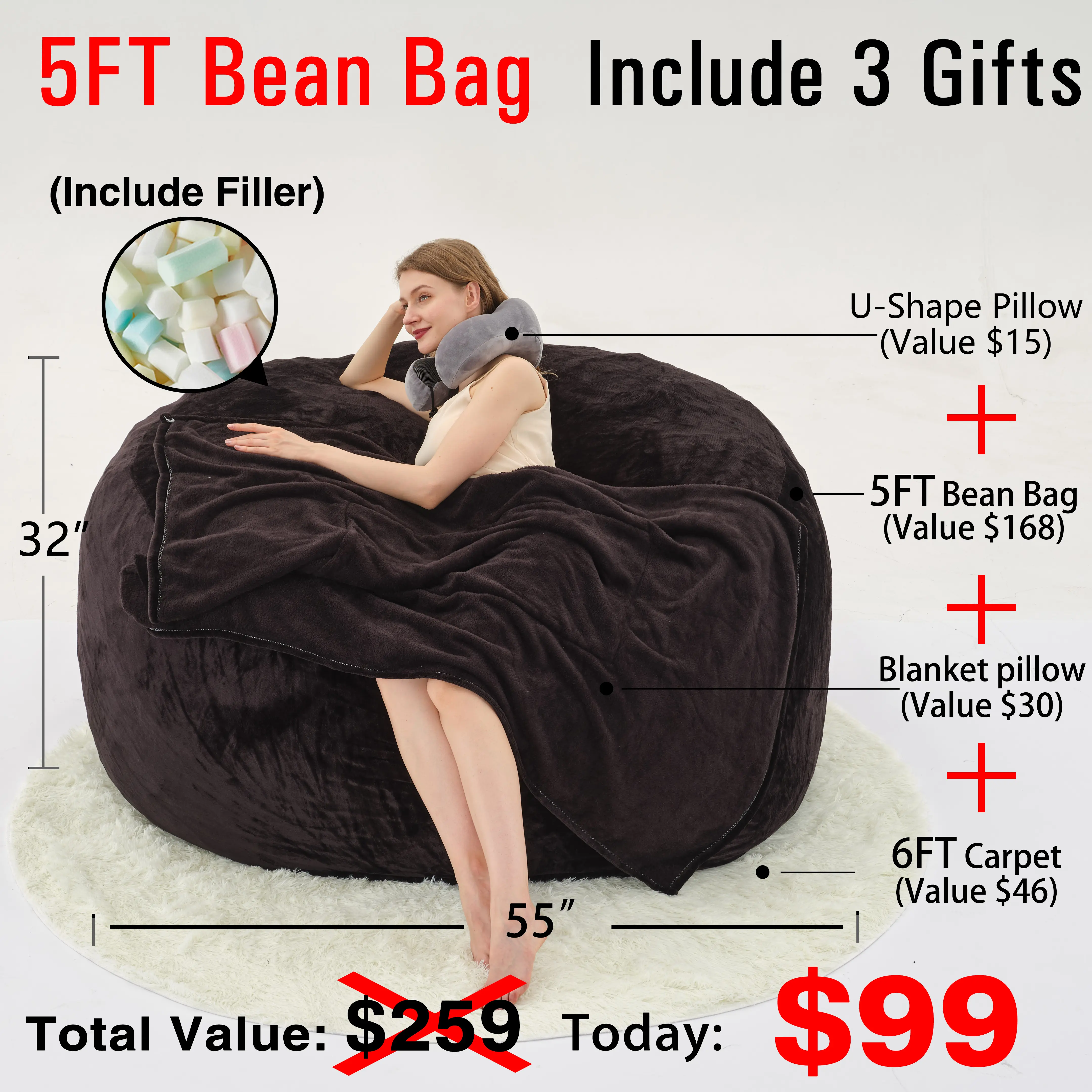 5FT Black(Cover Filler U-pillow Blanket Carpet)